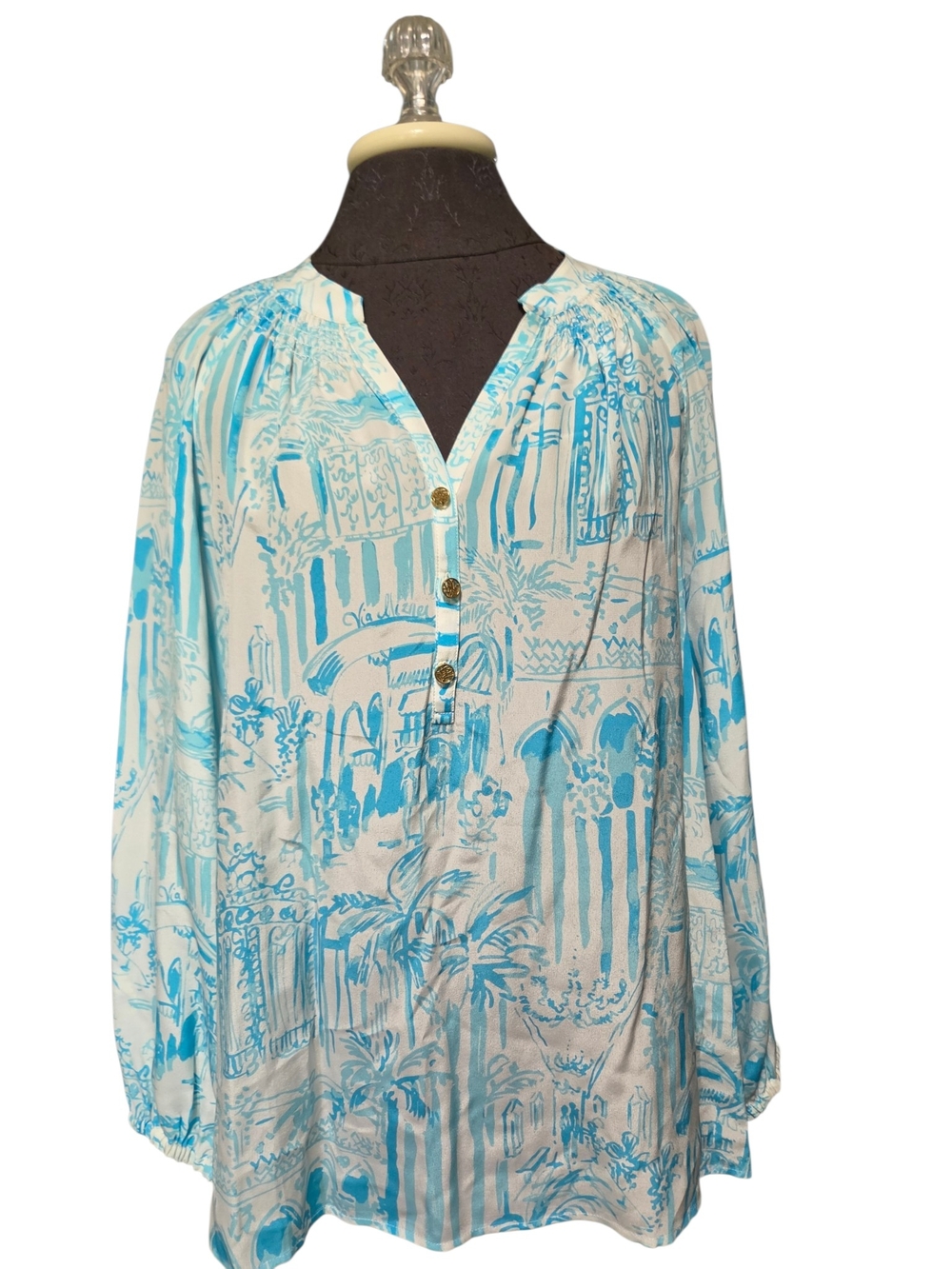 NWT LILLY PULITZER ELSA top resort white la via loca M blue white silk